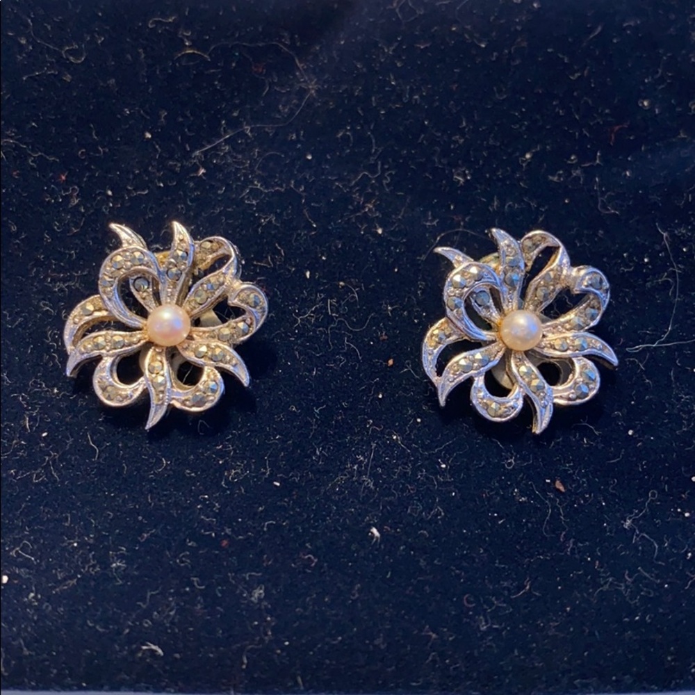 Vintage Marcasite Pearl Clip On Earrings
